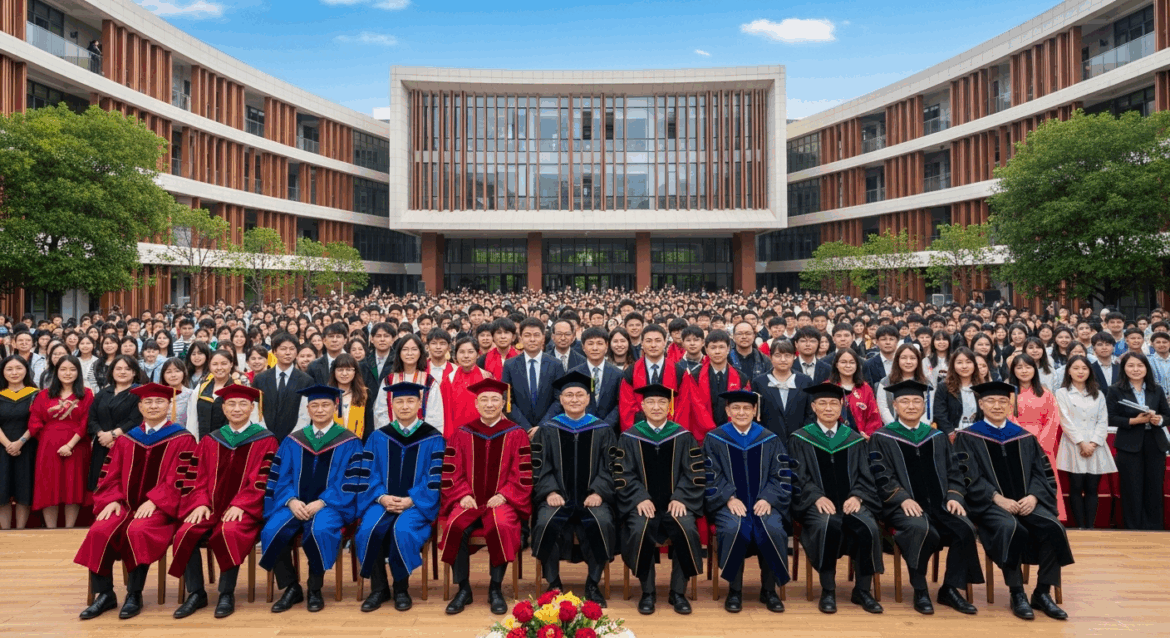 A grand academic ceremony showcasing the approval of two new doctoral programs at a prestigious university, featuring distinguished professors in regalia, students celebrating, and a backdrop of modern architecture signifying educational advancement. no texts on scene. photorealistic style, high resolution, 4k details, HDR, cinematic lighting, professional photography, studio lighting, vibrant colors.