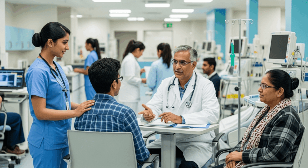 A vibrant and professional scene depicting a modern healthcare facility with staff and patients engaging harmoniously, showcasing a commitment to public health services. No texts on scene. Keywords: photorealistic style, high resolution, 4k details, HDR, cinematic lighting, professional photography, studio lighting, vibrant colors.