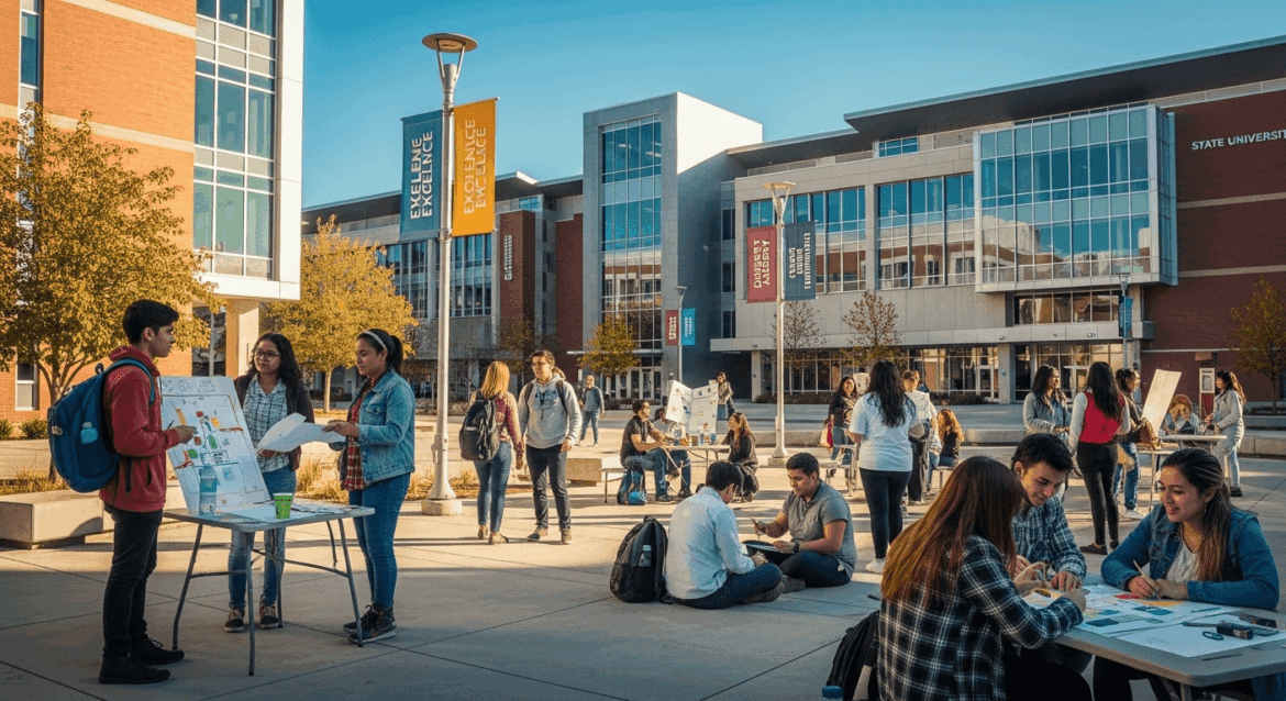 A vibrant and dynamic campus scene showcasing students engaged in collaborative projects outdoors, surrounded by modern architecture representing state universities, with banners of excellence and diversity in the background. no texts on scene. Keywords: photorealistic style, high resolution, 4k details, HDR, cinematic lighting, professional photography, studio lighting, vibrant colors.