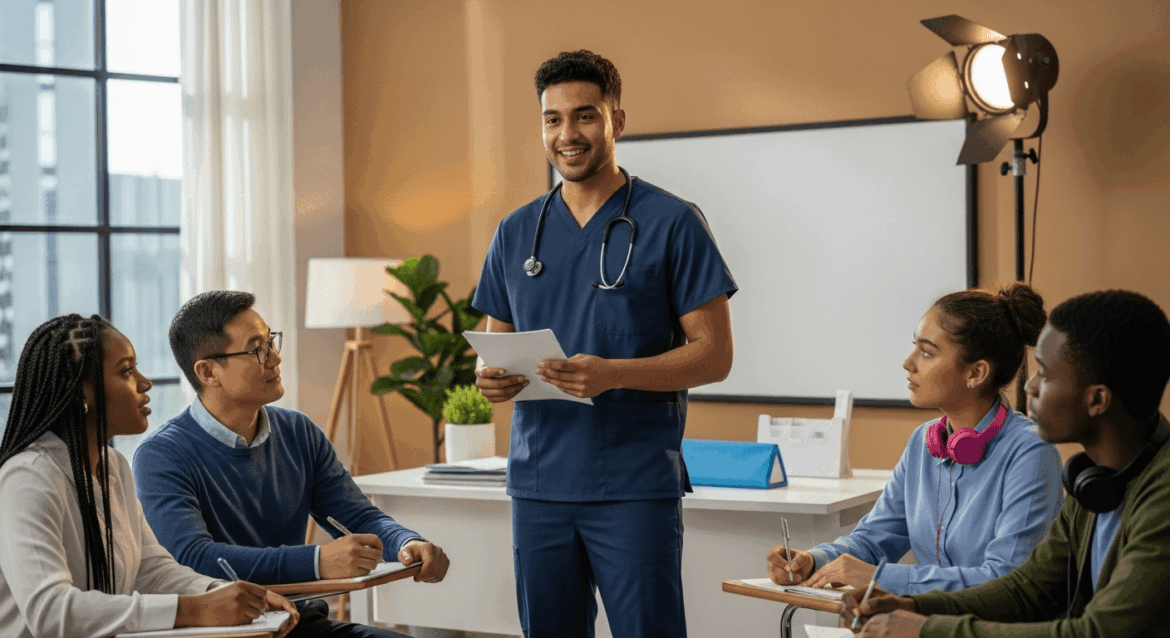A dynamic healthcare setting showcasing a male healthcare specialist discussing HPV vaccination, emphasizing the importance of prevention among men, with diverse people engaged in conversation and taking notes around. No texts on scene. Keywords: photorealistic style, high resolution, 4k details, HDR, cinematic lighting, professional photography, studio lighting, vibrant colors.