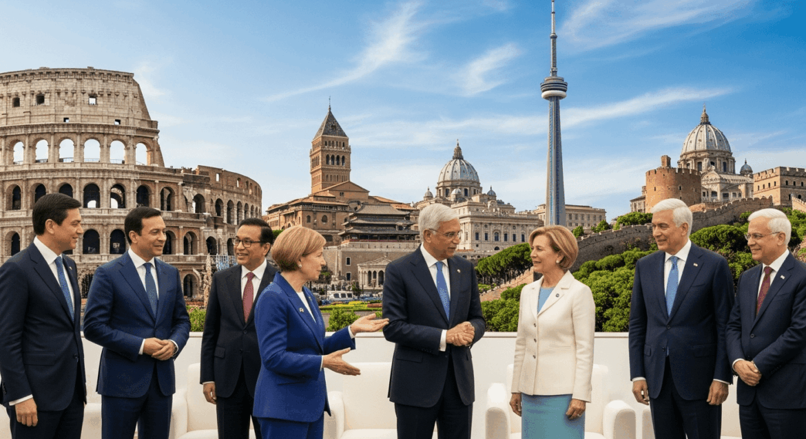 A dynamic gathering of world leaders at a G20 summit, showcasing discussions on global collaboration, economic strategies, and sustainability initiatives against a backdrop of iconic international landmarks, embodying unity and innovation. no texts on scene, photorealistic style, high resolution, 4k details, HDR, cinematic lighting, professional photography, studio lighting, vibrant colors.