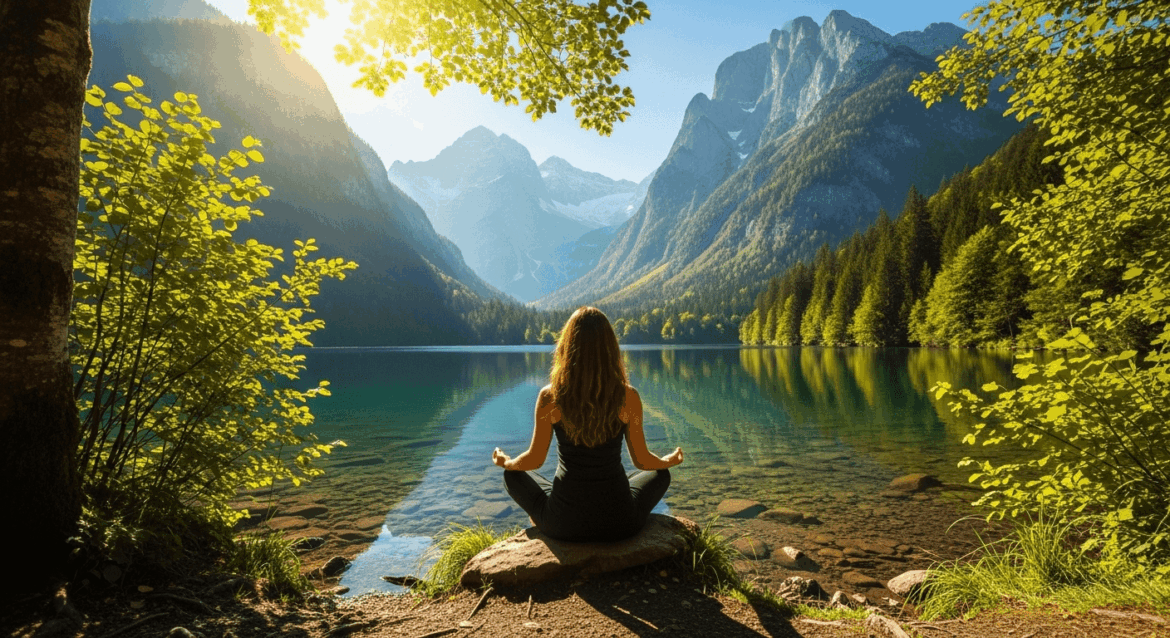 A serene landscape showcasing a person meditating beside a tranquil lake, surrounded by lush greenery and majestic mountains, embodying the essence of travel to nature beyond stunning photos. no texts on scene. Photorealistic style, high resolution, 4k details, HDR, cinematic lighting, professional photography, studio lighting, vibrant colors.