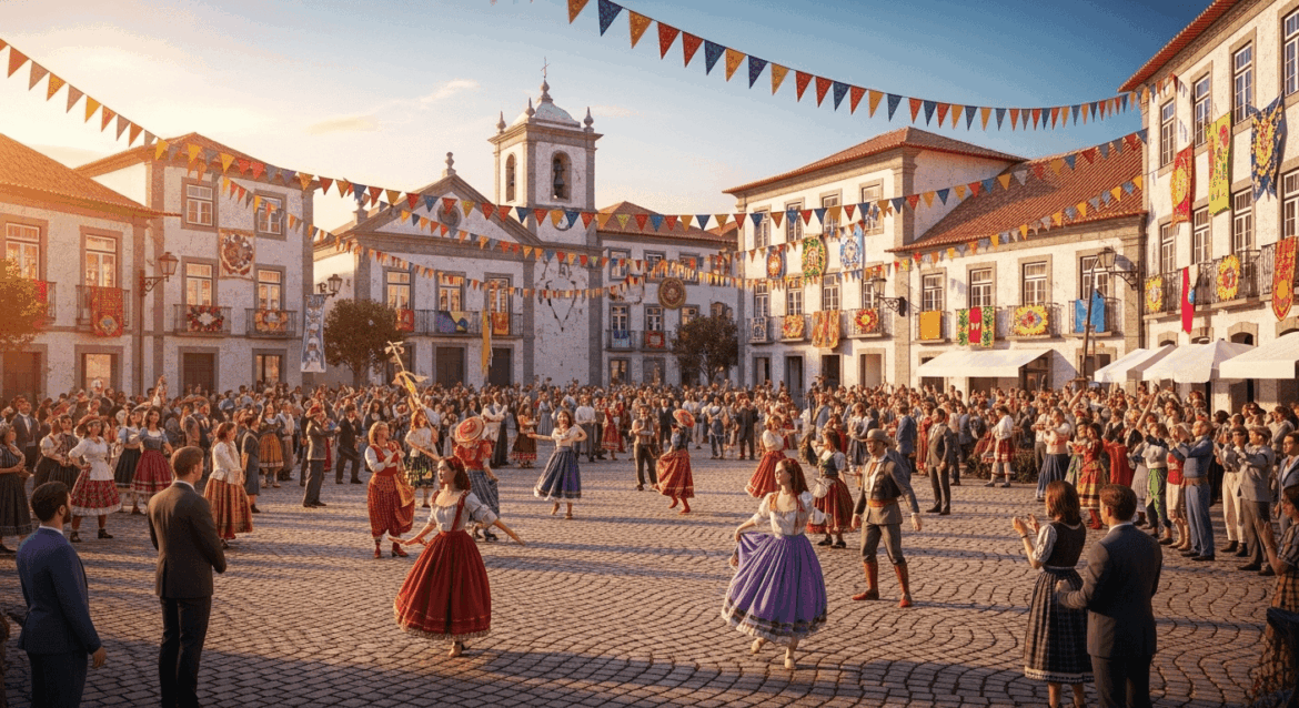 A vibrant scene depicting the grand opening of Vila Óia in Amargosa, showcasing regional culture with lively performances, colorful decorations, and a bustling crowd celebrating in the city center. no texts on scene. Photorealistic style, high resolution, 4k details, HDR, cinematic lighting, professional photography, studio lighting, vibrant colors.