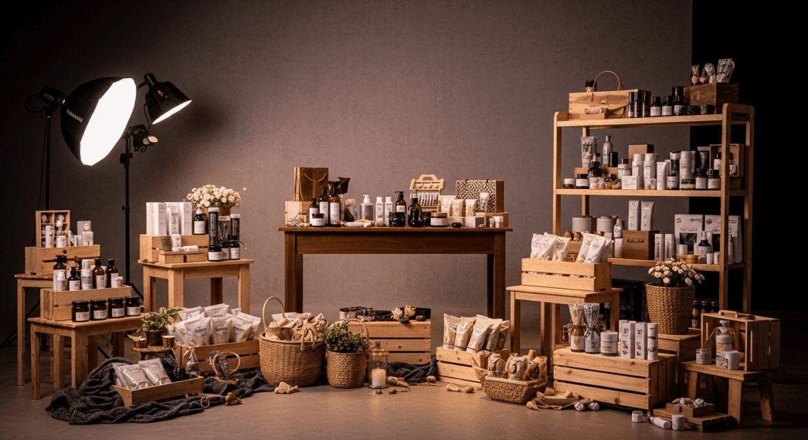 A dynamic workshop scene in Santo Antônio de Jesus showcasing elegant merchandising displays, with creative lighting and vibrant products enticingly arranged to capture the essence of visual retail strategies. No texts on scene. Powerful but safe quality keywords: photorealistic style, high resolution, 4k details, HDR, cinematic lighting, professional photography, studio lighting, vibrant colors.