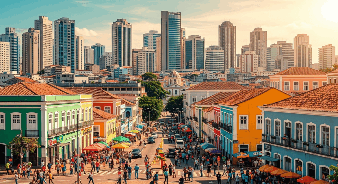 A vibrant cityscape of Bahia showcases bustling service industries with people engaging in various activities, highlighting growth and progress in a modern and dynamic environment. no texts on scene. Photorealistic style, high resolution, 4k details, HDR, cinematic lighting, professional photography, studio lighting, vibrant colors.