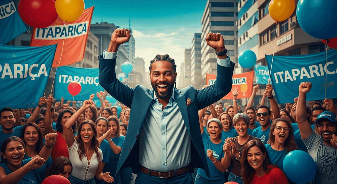A dynamic urban scene showcasing a confident mayor celebrating his re-election victory, surrounded by jubilant supporters in a vibrant, festive atmosphere with balloons and banners, symbolizing hope and progress for the city of Itaparica. no texts on scene. Photorealistic style, high resolution, 4k details, HDR, cinematic lighting, professional photography, studio lighting, vibrant colors.